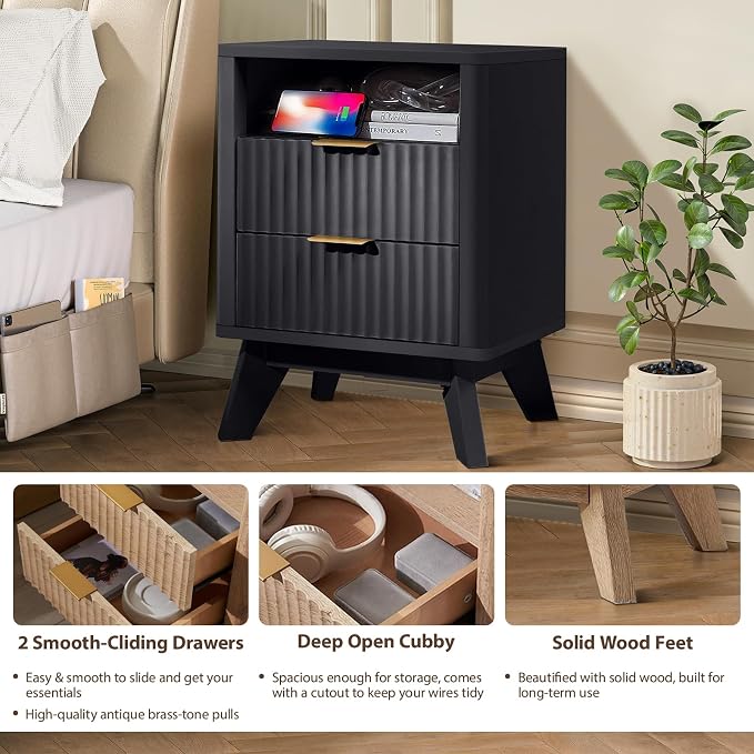 Fluted Nightstand - 24" Modern Bedside Table w/ 2 Drawers, Wood Bed Side End Table with Open Shelf, Night Stand with Storage Drawer, Curved Design Night Stands for Bedroom Living Room (Black) - Image 5