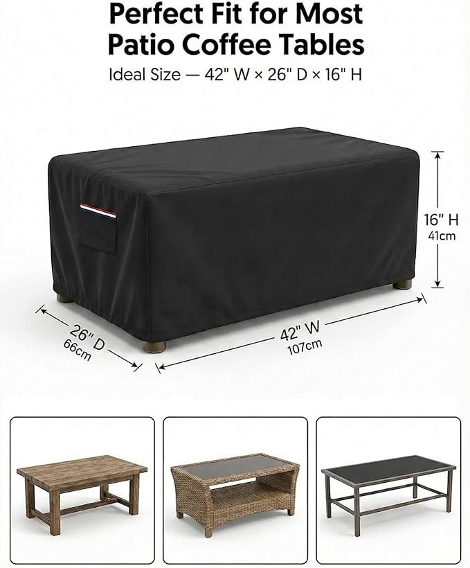 Waterproof Rectangular Patio Coffee Table Cover, 600D Heavy Duty Outdoor Furniture Protection Weather UV Resistant for Patio Furniture Protective Garden Table Cover 42 x 26 x 16 inches,Black - Image 3