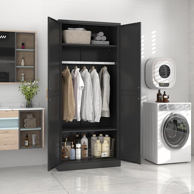 SteeLoong Metal Wardrobe Cabinet with Hanging Rod, 71" Tall Armoire Wardrobe Closet with 2 Doors and Adjustable Shelves, Black Clothing Storage Cabinets for Bedroom, Laundry Room, Cloak Room