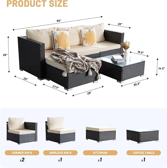 PAOLFOX5 Piece Rattan Patio Furniture Set, Outdoor Patio Conversation Set with Table,Soft Cushion and Backrest,Modern Chairs and Table Sets,Outdoor Furniture for Porch, Garden, Lawn,Grey/Beige