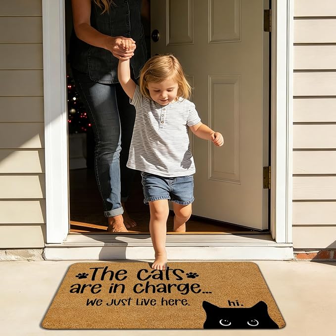 Funny Black Cat Faux Coir Door Mat Doormat for Front Door Indoor Outdoor Porch Entrance Entryway Outside Inside, The Cats are in Charge We Just Live Here Black Cat Welcome Mat, 17x30 Inches - Image 2