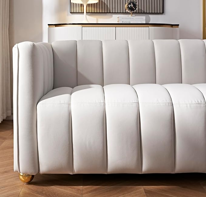 Direct Glam Fabric Upholstered Solid Wood Frame 82.7" Art Deco Sofa for Living Room, Office, Sophisticated 3 Seater Couch, Ivory