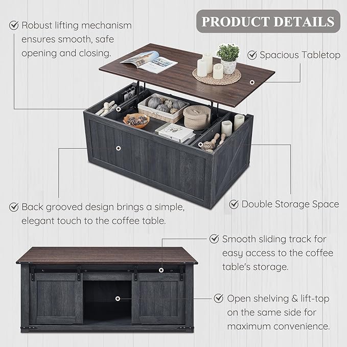 48" Lift Top Coffee Table, Farmhouse Cocktai with Sliding Groove Barn Door, Rustic Wood Center Table w/Double Storage Spaces for Living Room, Dark Grey