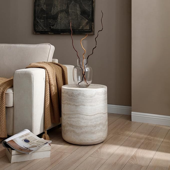 Modern Round Side Table for Living Room, Small Coffee Table Circle End Table, Faux Mars Marble Pattern Side Table, No Need Assembly (Marble, 15.74 Inch)