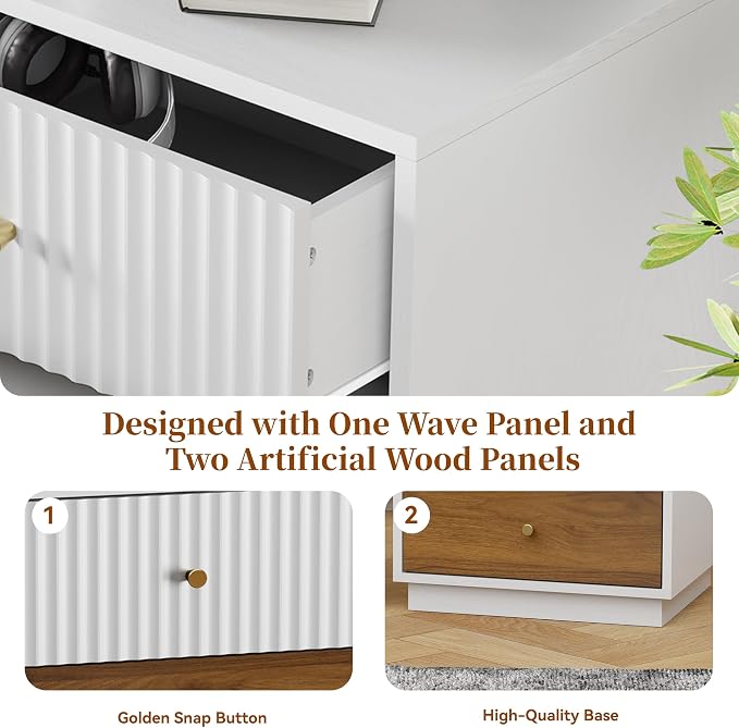 23.6" Tall Night Stand with 3 Storage Drawers, Fluted Nightstand with Metal Handles, Modern End Table Bedside Table Chest for Bedroom, White and Natural - Image 5