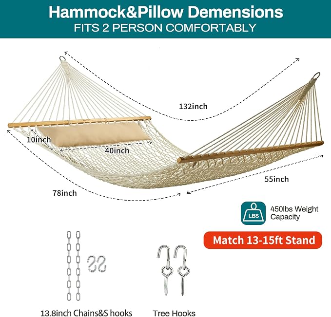 JoyView Traditional Rope Double Hammock - Hand Woven Cotton Hammock with Hardwood Spreader Bar and Pillow 450lb Capacity for Outdoor Indoor Patio Yard - Natural - Image 2