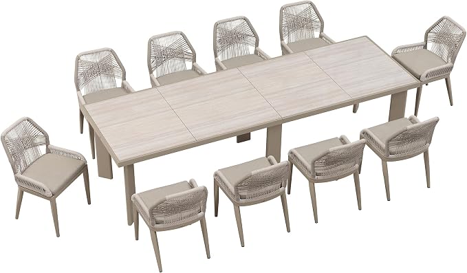 PURPLE LEAF 11 Pieces Patio Dining Set Aluminum Oversize Rectangular Table and Wicker Chairs with Cushions for Kitchen Porch Garden Modern Outdoor Furniture Sets, Champagne - Image 9