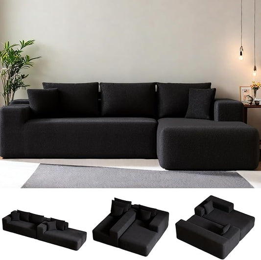 104” Sectional Cloud Couch, L-Shape Compressed Sofa with Left Chaise Lounge, Modern Modular Cloud Couches with 2 Pillows & Deep Seat, Rain Drop Velvet Floor Sofa for Living Room, Black