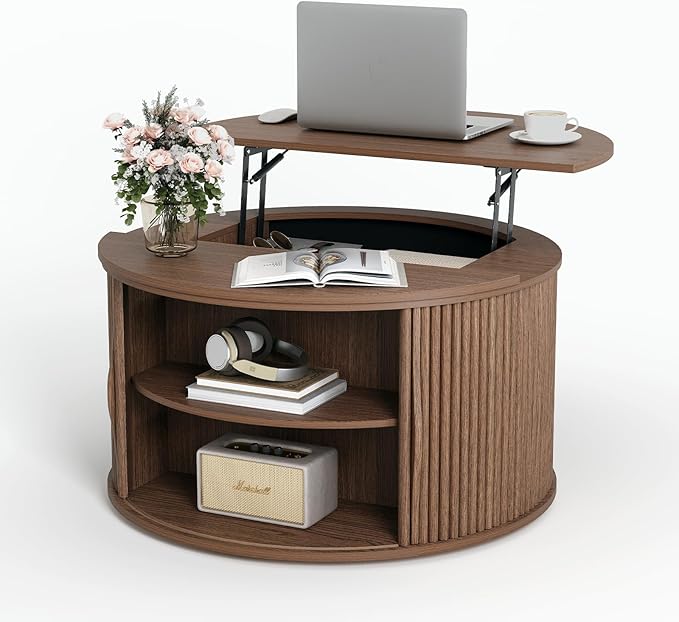 Round Lift Top Coffee Table, 31.5” Mid Century Modern Center Table with Hidden Storage, Fluted Circle Coffee Tables for Living Room, Home Office, Walnut