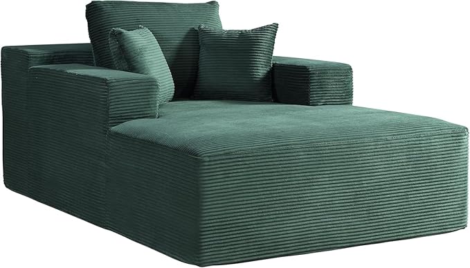 Monroe Convertible Chaise Lounge Chair Indoor – Oversized Corduroy Couch with Wide Armrest & Throw Pillows, Cozy Boneless Sleeper Sofa Bed Armchair, Dark Green