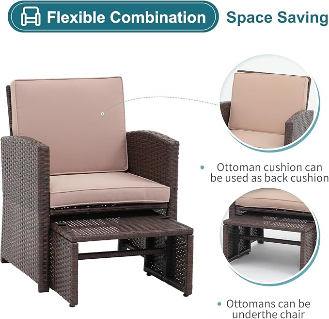 OC Orange-Casual 6 Piece Patio Wicker Furniture Set, Balcony All Weather Rattan Chair, with Space Saving Ottoman, Resin Nesting Coffee Table, Modern Design, Beige