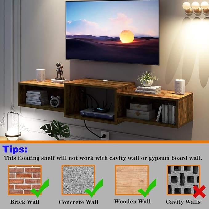 IBUYKE Floating TV Stand Wall Mounted with Power Outlet,Wood Wall Mounted Media Console Shelf,Floating Entertainment Center for Under TV Storage for Living Room Bedroom Office,Rustic Brown WST001H - Image 6