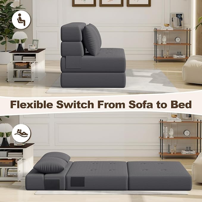 Folding Sofa Bed, Convertible Sleeper Chair & Couch Bed with Pillow, One-Piece High-Density Sponge Mattress, Multi-Purpose Corduroy Floor Sofa for Living Room, Office, Apartment, Grey, Twin