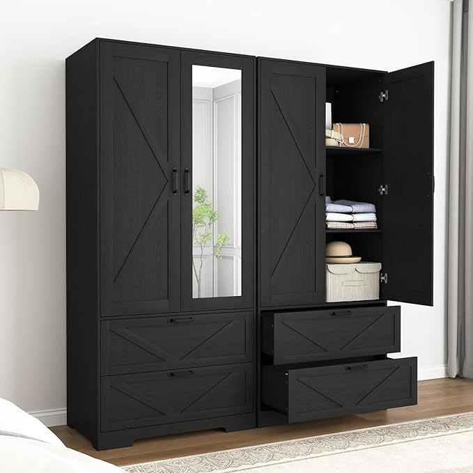 Black Armoire Wardrobe Closet with Mirror Door and LED Lights,72" Tall Farmhouse Bedroom Armoire with Drawers and Adjustable Shelves,Wooden Armoire Wardrobe Closet for Bedroom