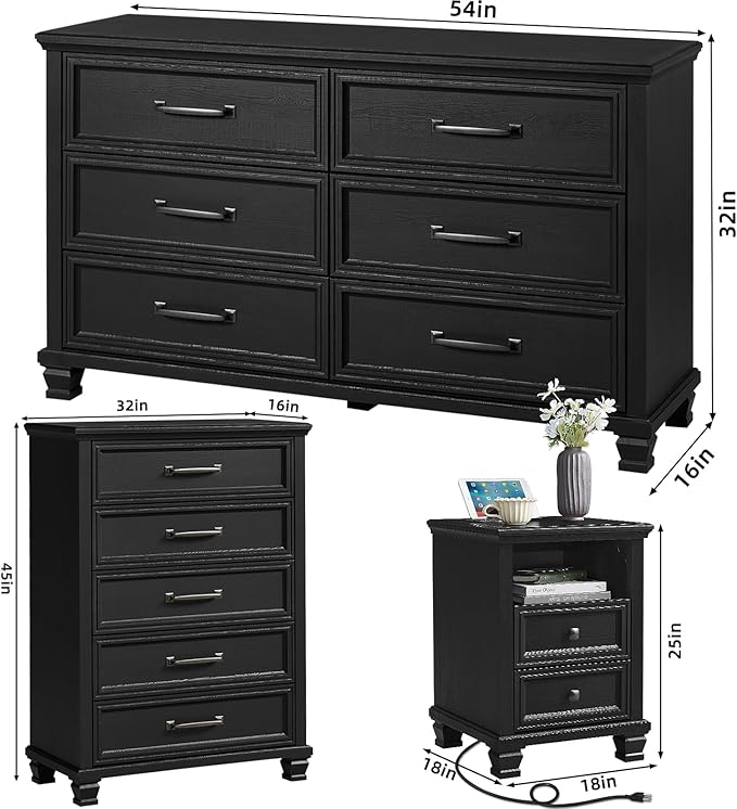 SAVOR LIFE Farmhouse Bedroom Dresser and Nightstand Sets 4 Piece, 5/6 Drawer Dresser & 2 Drawer Nightstand Set for Home, Bedroom, Hallway, Black