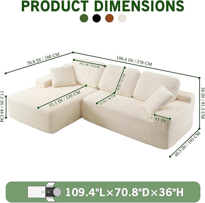 109.4” Modular Sectional Sofa, Convertible Sofa Bed, No Assembly Required Cloud Couch with Deep Seat, Modern L-Shaped Boneless Sofa for Living Room (Beige)