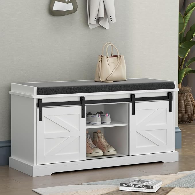 Loomie Shoe Storage Bench, 2-Tier Farmhouse Entryway Bench with Sliding Barn Door Storage Cabinets & Full Soft Removable Seat Cushion, Silm Shoe Rack with Shoe Cabinet for Entryway, Hallway, Bedroom by LOOMIEDirect