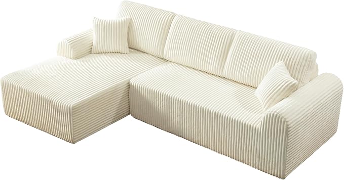 109-Inch L-Shaped Left Facing Boneless Corner Sofa 2 PCS Modular Sectional Cloud Sofa Couch with Chaise Lounge and Toss Pillow, Corduroy Boneless L-Shaped Couches