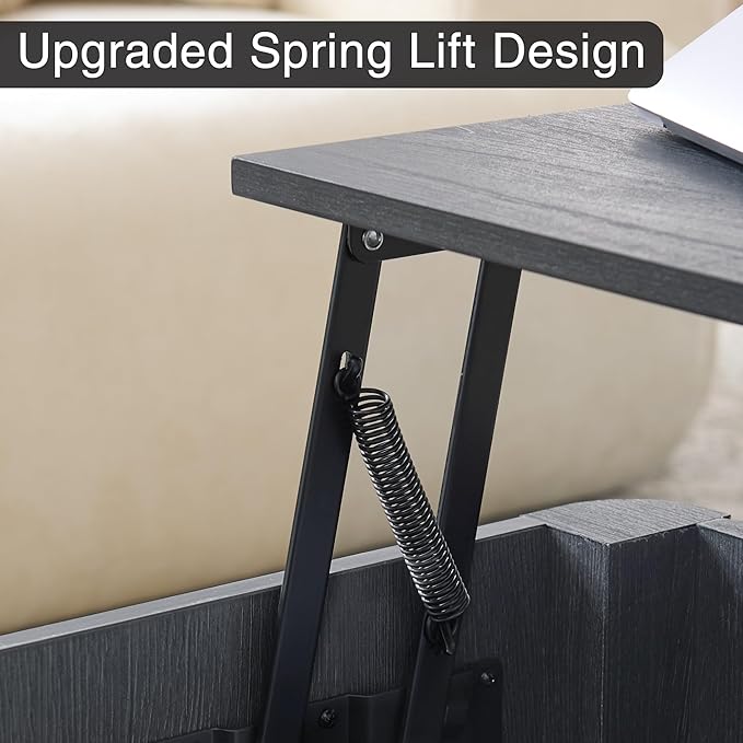 Lift Top Coffee Table with Storage, 35.4" Wide Square Black Coffee Table with Large Hidden Compartment, Mid Century Modern Fluted Center Table for Home Living Room, Balck Grey