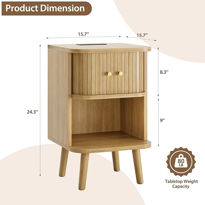 Decofy Fluted Nightstand, Mid Century Modern Bedside Table with Charging Station, Walnut End Tables with Sliding Tambour Doors, Storage Cabinet and Open Shelf for Bedroom, Oak - Image 2