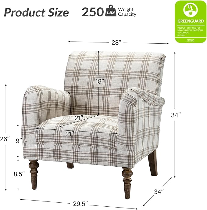 HULALA HOME Modern Accent Chair with Arms and Wooden Legs, Comfy Upholstered Armchair for Living Room, Bedroom (Plaid Pattern, Tan)