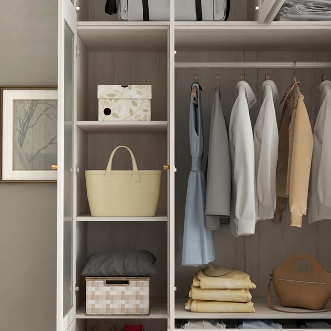 4 Door Wardrobe Armoire Closet with Hanging Rods & 2 Drawers, Bedroom Armoire with Frosted Glass Doors, Top Cabinets & Gold Handles, Wood Grain, 19.7”D x 63”W x 86.6”H