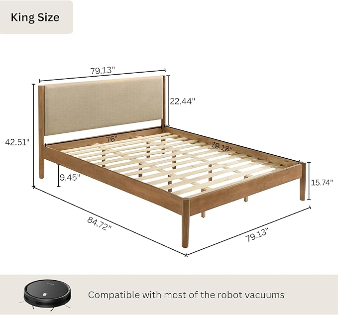 Roundhill Furniture Vichy 3-Piece Rubberwood Bedroom Set, Platform Bed with Two Nightstands, King, Textured Polyester