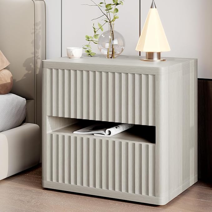 Dripex Fluted Nightstand with 2 Drawers, Large Wide Wood Night Stand Bedside Table for Bedroom, Mid-Century Modern Storage Bed Side Table, End Table for Living Room Sofa Couch, Gray Oak by Dripex