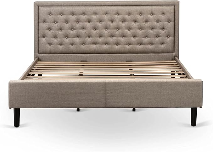 East West Furniture KDF-16-K Platform King Size Bed - Dark Khaki Linen Fabric Upholstered Bed Headboard with Button Tufted Trim Design - Black Legs
