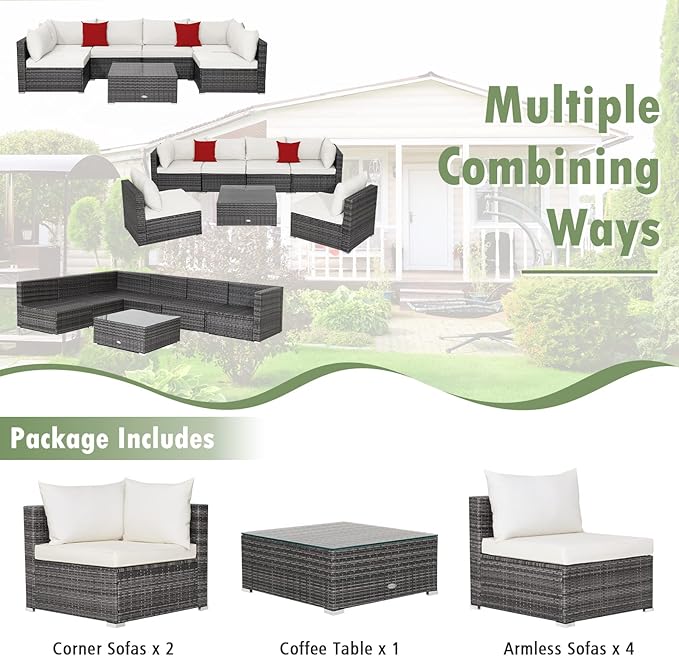 Tangkula 7 Piece Patio Wicker Furniture Set, Outdoor Rattan Sectional Sofa Set for 6 with Seat & Back Cushions, 2 Throw Pillows, Sofa Fastener Clips, for Backyard, Poolside, Deck and Garden (Navy)