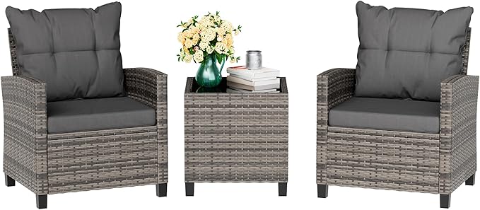 Vongrasig 3 Pieces Patio Furniture Set Small Outdoor Wicker Rattan Front Porch Bistro Set Cushioned Patio Chairs Conversation Set with Glass Table for Lawn, Garden, Backyard, Balcony, Gray