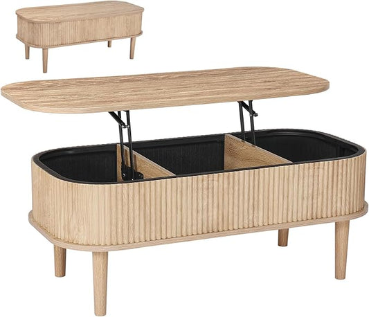 VEVOR Fluted Lift Top Coffee Table, Oval Wood Coffee Table with 3 Hidden Compartment, Mid Century Modern Center Table with Storage, Lift up Tabletop for Home Living Room Office, Easy Assembly, Natural