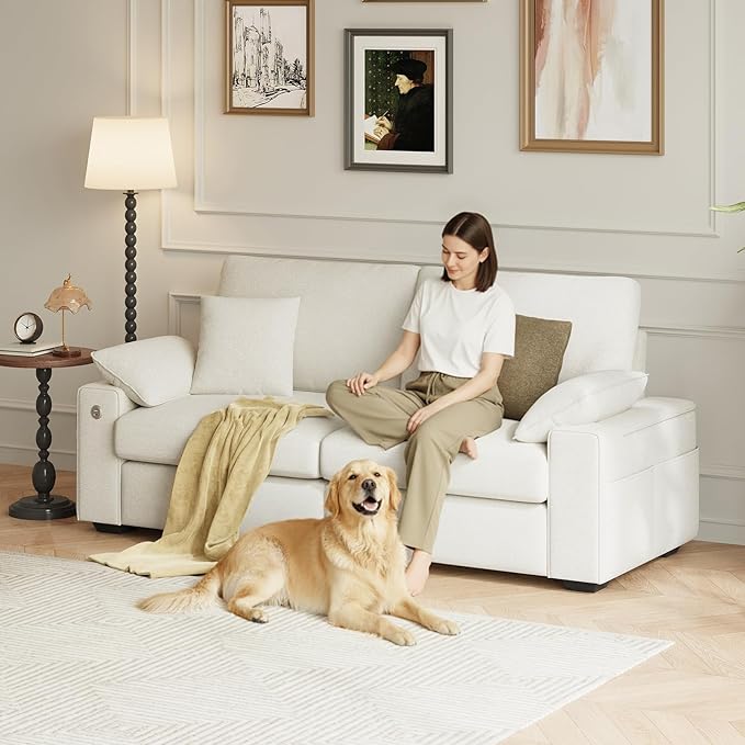 76" Loveseat Couch, 3 Seater Upholstered Midcentury Mondern Love Seat with USB Type C Ports, 4 Pillows and Storage Armrest Cloud Foam Sofa for Living Room/Small Spaces, Beige | Breathable material