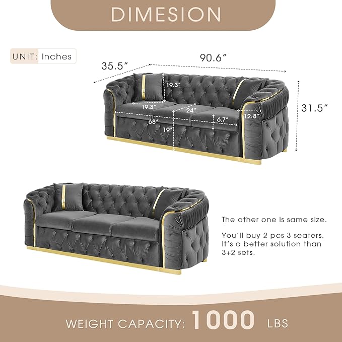 KEIKI 2-Piece Luxury Chesterfield Sofa Set with 2 Oversized Velvet 3-Seater Sofa, Upholstered Modern 6-Seater Button Tufted Couch Set with 4 Pillow, Gold Stainless Decoration, for Living Room, Gray
