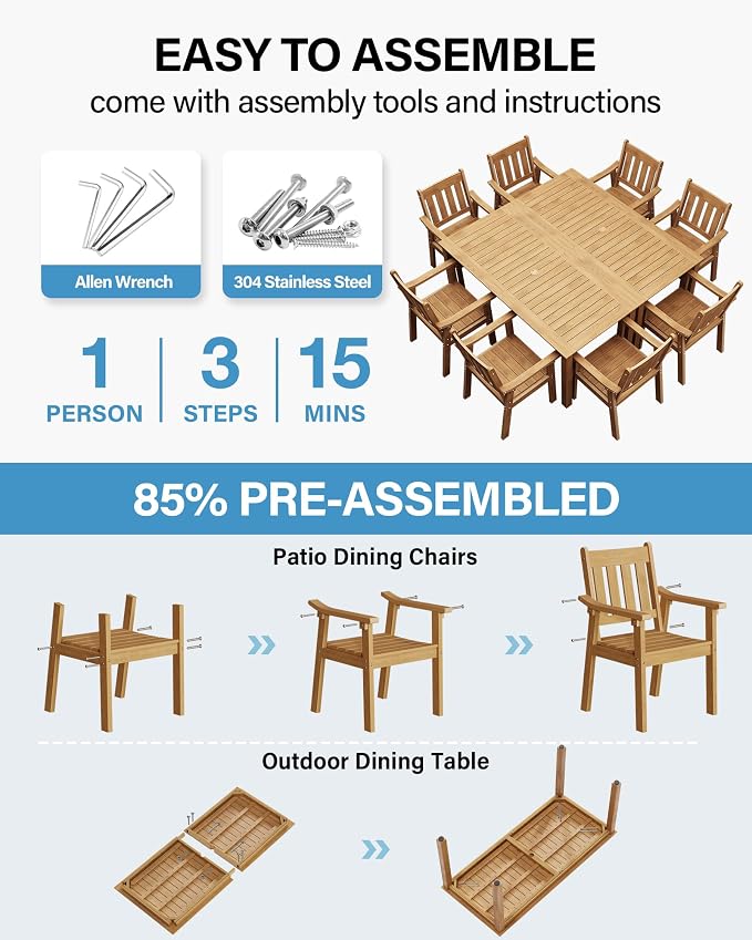 YEFU HIPS Patio Table Set: 10 Piece Outdoor Table and Chairs Dining Furniture Set with Umbrella Hole - Teak Modern Plastic Dining Sets 8 Person for Outside Deck with Metal Aluminum Frame - Image 2