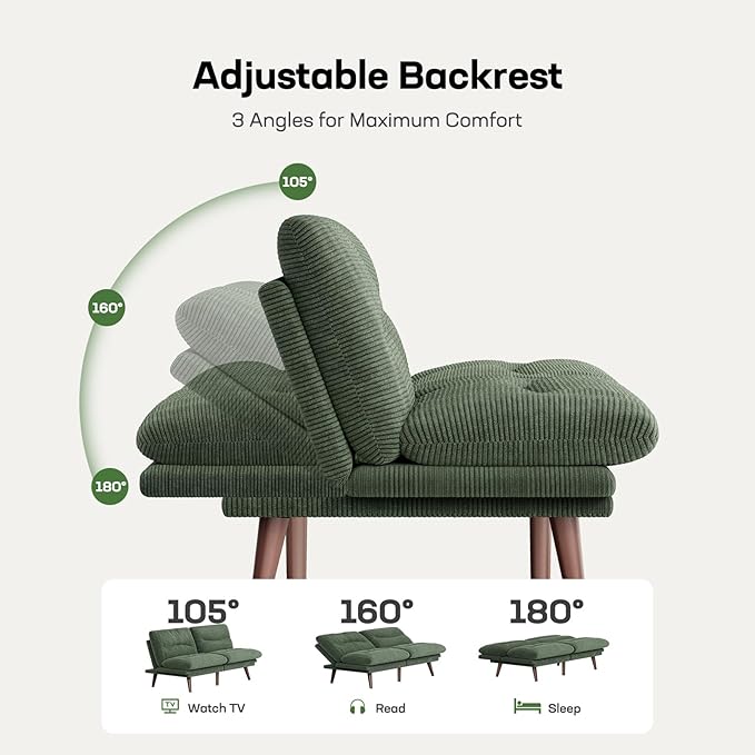 Marsail 74.8" Futon Sofa Bed, Corduroy Convertible Futon Couch with Adjustable Backrest & Armrests, Small Sleeper Sofa Loveseat for Small Apartments, Study Room, Office, Green