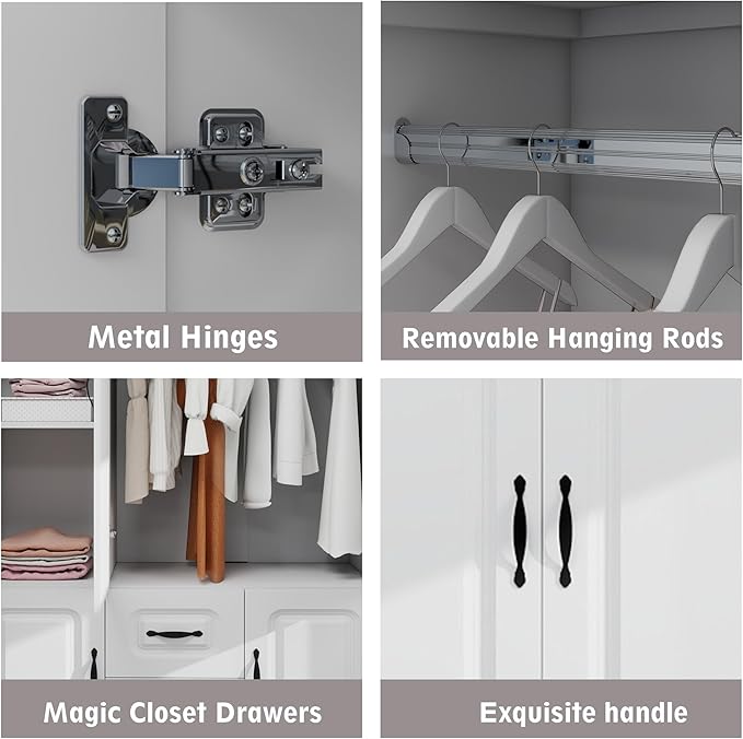 Wooden Armoire Wardrobe Closet：Modern Armoire Wardrobe Closet with 3 Doors, 2 Drawers and Hanging Rods for Tall Cabinet, Large Capacity Clothes Storage Cabinet for Bedroom Home, White