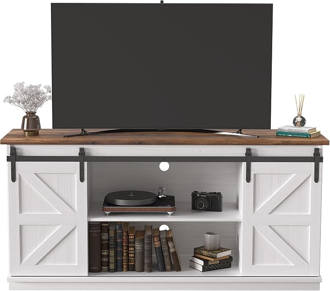 JUMMICO TV Stand for 65 Inch TV, Entertainment Center with Storage Cabinets and Sliding Barn Doors, Mid Century Modern Media TV Console Table for Living Room Bedroom (Bright White) by JUMMICO