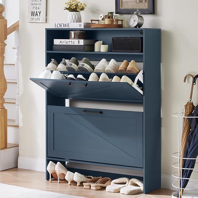 RWYHG Shoe Cabinet Storage for Entryway with 2 Flip Drawers Open Storage Layer Rack Narrow Organizer Slim Hidden Wood Shoe Cabinet Furniture Blue by RWYHG