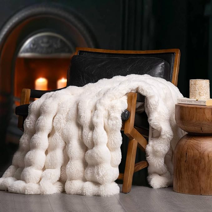 EverGrace Ultra Soft Luxury Fluffy Faux Rabbit Fur Throw Blanket, Thick Warm Bubble Throw for Bed, Cozy Plush Reversible Blankets for Couch, Chair, Sofa, Ivory White, 80x90 Inches