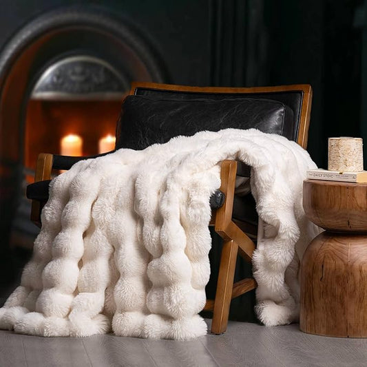 EverGrace Ultra Soft Luxury Fluffy Faux Rabbit Fur Throw Blanket, Thick Warm Bubble Throw for Bed, Cozy Plush Reversible Blankets for Couch, Chair, Sofa, Ivory White, 80x90 Inches