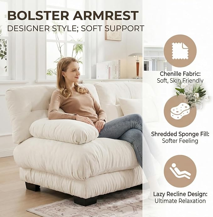133.8" U-Shaped Cloud Couch, Oversized Modular Sectional Sofa, Deep Seat Cloud Boneless Couch, 3-Seat Modular Sectional Sofa with 2 Ottoman or Living Room,Bedroom and Apartment, White