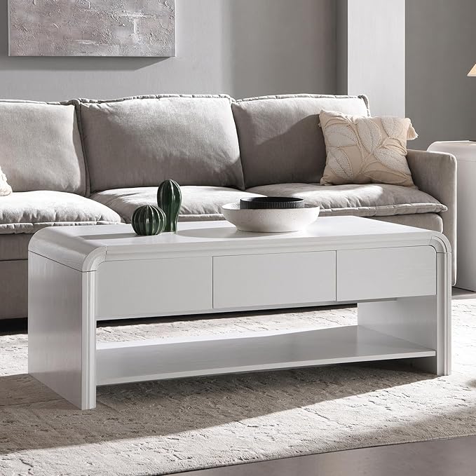 47" Lift Top Coffee Table with Storage, Modern Coffee Table with Pull-Out Drawer and Two-Tier Storage, Rectangle Wood Center Table w/Curved Profile Design for Living Room, White