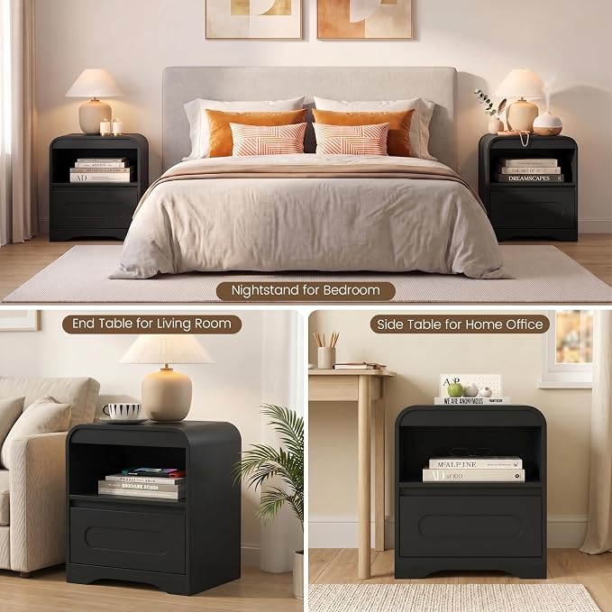 Black Nightstand Set of 2, Modern Night Stand with Drawers, Wood Nightstand, 22" Bedside Side Table with Open Storage, Curved Corners, Hidden Handle, Night Stands End Table for Bedroom Sofa Couch - Image 8