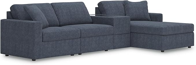 Signature Design by Ashley Modmax Contemporary Stain Resistant Right-Arm Facing 4-Piece Sectional with Chaise, Storage Console, Armrest, Throw Pillows and Reversible Cushions, Blue