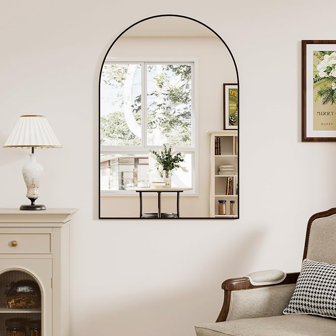 Rowjut Arched Wall Mirror 30"x20"Window Mirrors, Decorative Wall & Iron Framed Bathroom Mirror, Arched Top Wall Mirrors for Entryway. Living Room, Bedroom, Fireplace .（Black by Rowjut