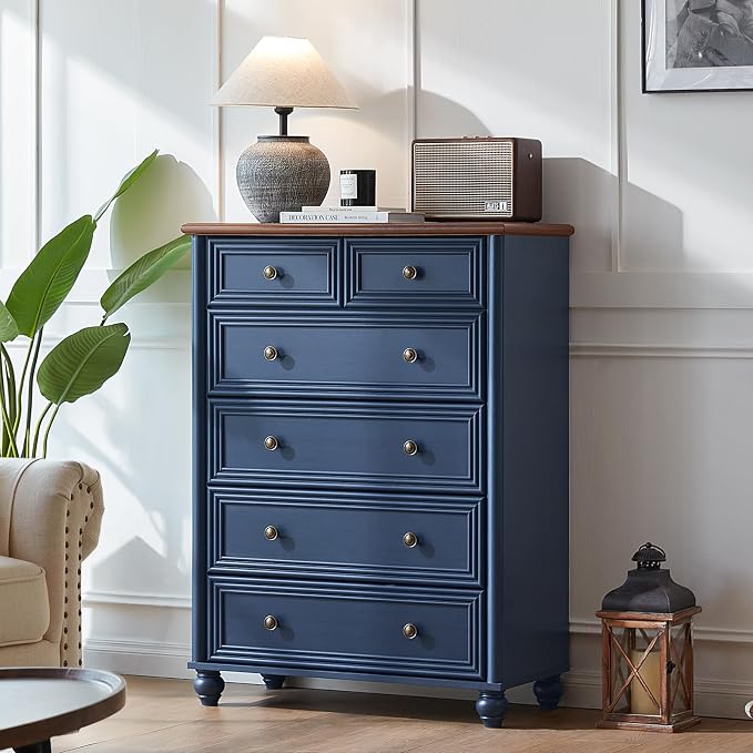 RWYHG Farmhouse 6 Drawer Dresser, Blue Chest of Drawers, 43.5" Tall Dressers for Bedroom with Roman Column and Metal Handles, Rustic Wood Storage Organizer for Living Room, Hallway, Closet - Image 7