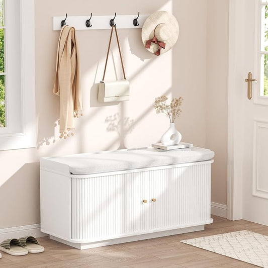 Hall Tree with Bench and Shoe Storage, Entryway Bench with Sliding Door Cabinet, Removable Padded, Metal Wall Hooks and Adjustable Storage Compartments, for Entry, Hallway, Living Room, White by Unknown