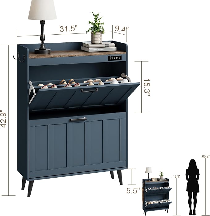 ChooChoo Shoe Storage Cabinet with 2 Flip Drawers, Deodorizing Shoe Organizer Storage for Entryway, Freestanding Hidden Slim Narrow Shoe Rack Cabinet, Blue - Image 3