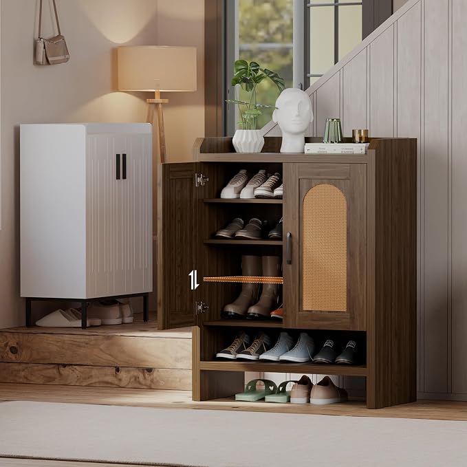 Mericonia 6-Tier Shoe Cabinet Storage for Entryway, Rattan Shoes Organizer Cabinets with Doors, Wooden Shoe Rack, Farmhouse Boho Wood Storage Cabinet (Walnut, 6-Tier) - Image 9